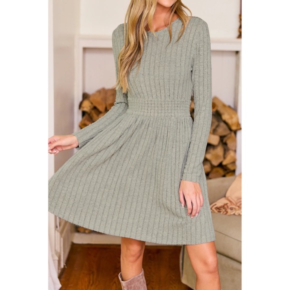 Cupshe Dresses & Skirts - Cupshe Sage Green Ribbed Knit Smocked Waist Long Sleeve Fit and Flare Mini Dress